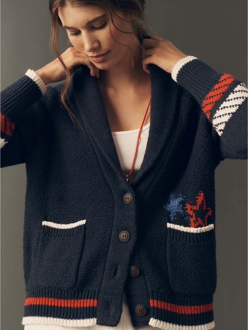 New Anthropologie Navy Nautical Sailboat Red & Blue Stars Cozy Cardigan SZ S - Picture 2 of 4